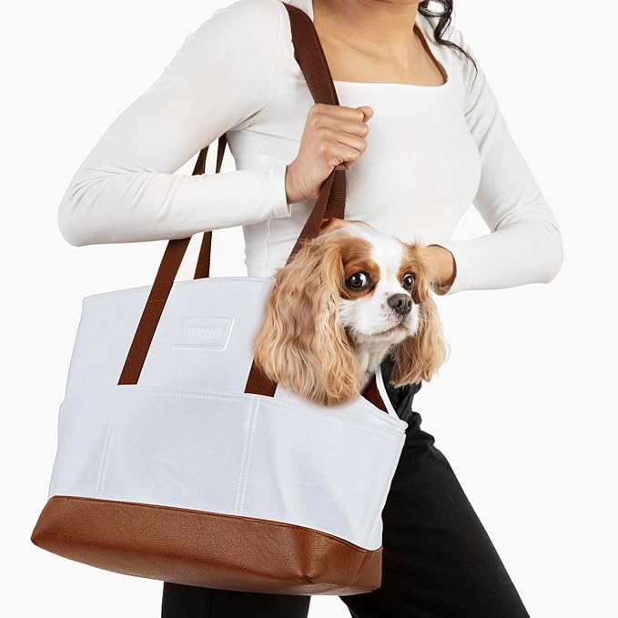 Luxury Dog Purse Carrier - White Faux Leather Pet Carrier, Secure Harness Clip, Tote Bag for Small Dogs and Puppies