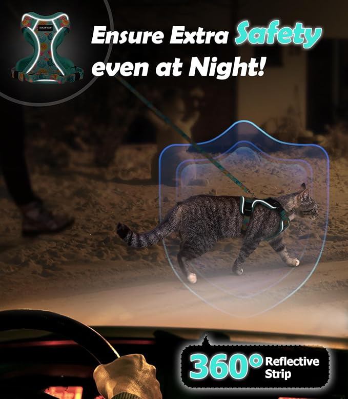 Halypet Cat Harness and Leash Set[MAX Safety 4th-Gen] Cute Escape Proof Vest Harness for Girl&Boy Cat Walking, Comfortable Adjustable Leash and Reflective Strips for Outdoor Kitten, M Green Tropics