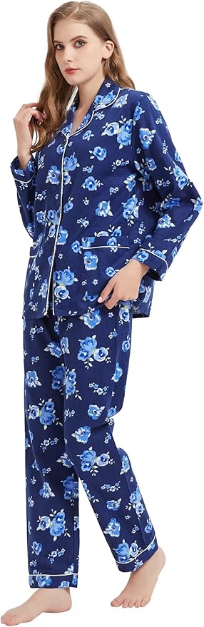 GLOBAL Flannel Pajamas for Women 2-Piece Comfy and Cozy Flannel Pj Set Cotton Loungwear