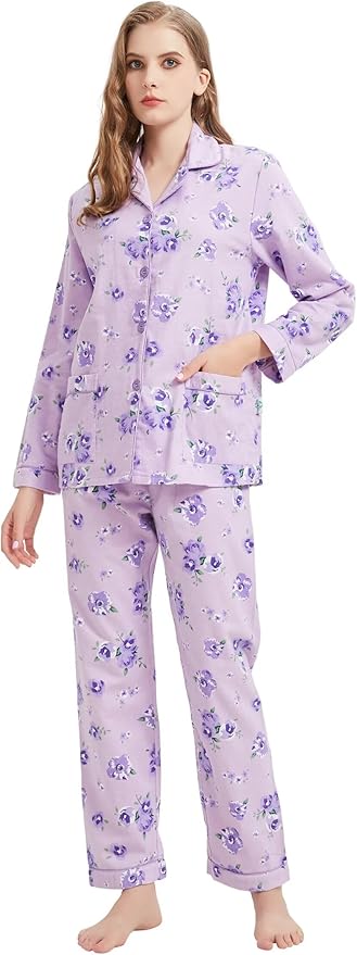 GLOBAL Flannel Pajamas for Women 2-Piece Comfy and Cozy Flannel Pj Set Cotton Loungwear