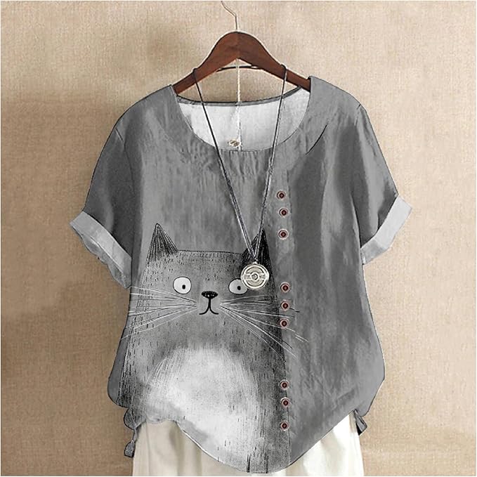 Japanese Print Women Summer Shirts Flower Bird Graphic Plus Size Tunic Tops Crewneck Short Sleeve Blouses