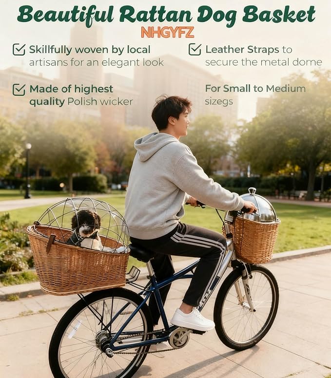 Dog Bike Basket Pet Carrier Bicycle Dog Carrier | Natural Wicker Attachment with Protective Grille,Easy to Install Comfort Cotton Cushion,Mounting Bracket for Secure Bicycle Rear Luggage Rack