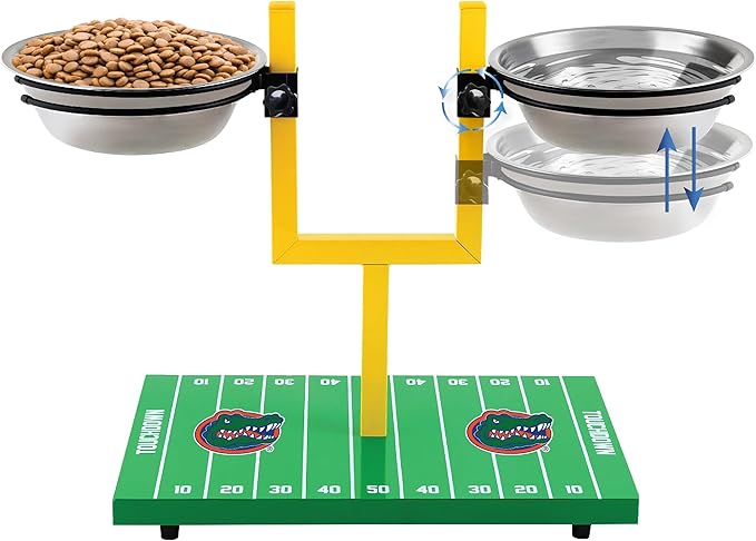 NCAA Florida Gators Goalpost Football Field Dog Feeder – Adjustable Elevated Dog Bowls with Stand, 2 Stainless Steel Bowls, Non-Slip Rubber Feet, Raised Pet Feeder for Large & Small Dogs