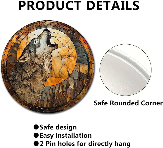 Lygond Metal Tin Sign - Circular Stained Glass Gray Wolf - 1212 Inches