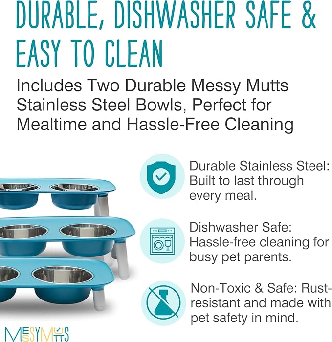 Messy Mutts Elevated Double Feeder with Stainless Bowls | Adjustable Height 3”, 5”, or 10” | Adjustable Standing Feeder for Dogs | 5 Cups per Bowl | Blue