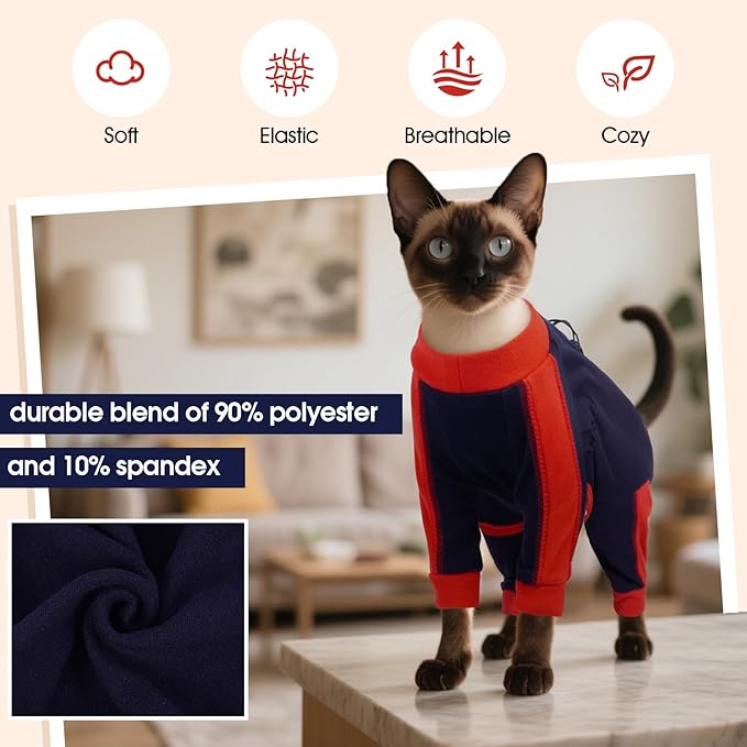 DENTRUN Cat Clothes with Anti-Shedding Fabric - Soft Recovery Suit & Breathable Lint-Resistant Cat Sweater for Wound Care & Hair Control, Kitten Onesie Pajamas, XL, Dark Blue
