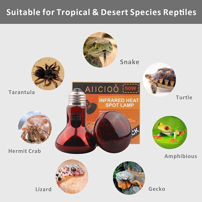 Aiicioo Reptile Red Light Bulb - Reptile Heat Lamp Bulb Infrared Basking Spot Lamp for Bearded Dragon Lizard Turtle Hermit Crab Leopard Gecko Snake Chameleon 50W