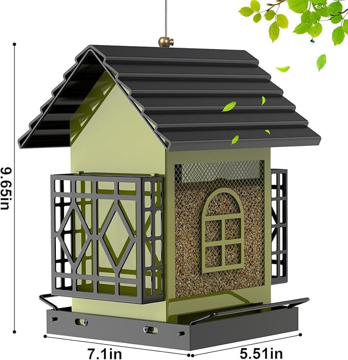 Bird Feeder, Squirrel Proof Outdoor & Hanging Wild Bird Feeders, Large Capacity Metal Bird Feeder with Weatherproof Roof, Attracts Cardinals, Finches, Blue Jays (Green)