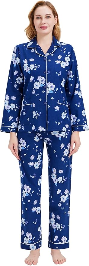 GLOBAL Flannel Pajamas for Women 2-Piece Comfy and Cozy Flannel Pj Set Cotton Loungwear
