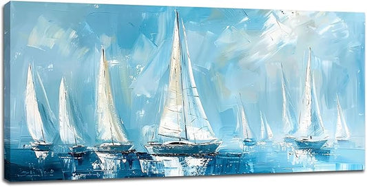 Large Blue and White Sailboat Wall Art Nautical Sails Canvas Living Room Ocean Pictures Framed Prints Oversize Wall Decor Painting Artwork for Bedroom Dining Office Home 60"x30"