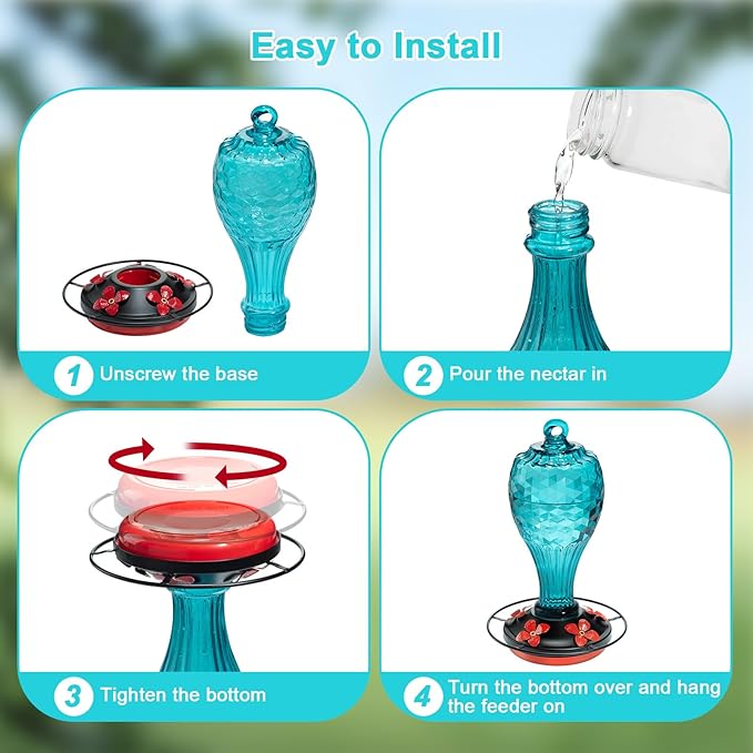 Hummingbird Feeder - Hand Blown Glasss Hummingbird Feeders for Outdoors Hanging with Ant Moat, Never Fade, Garden Backyard Decoration, for Women Mom Dad (Blue)