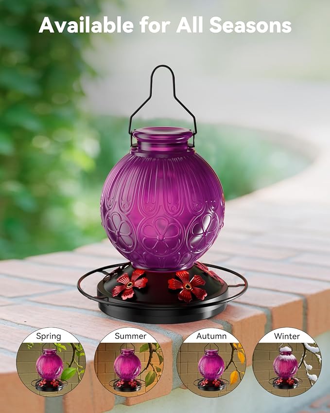 26Oz Hummingbird Feeder for Outdoors, Vintage Glass Bird Feeder with Perch, Durable & Easy to Clean, Hanging Nectar Feeder for Garden, Yard, Deck – Gift for Bird Lovers (Violet)