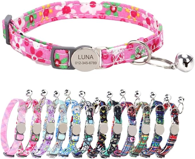 Personalized Breakaway Cat Collar with Bell - Name and Phone Number Engraved for Boys and Girls Kitten (Floral)