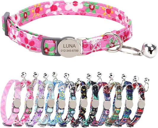 Personalized Breakaway Cat Collar with Bell - Name and Phone Number Engraved for Boys and Girls Kitten (Floral)