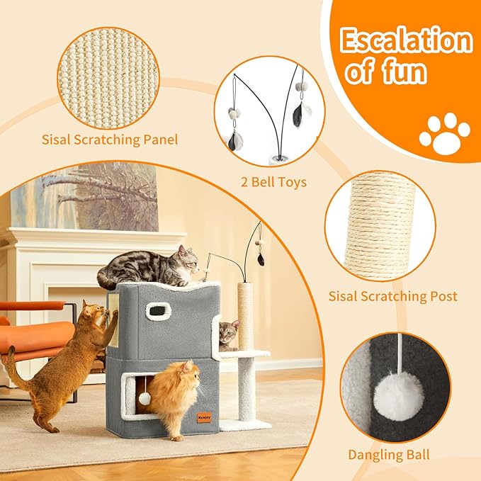 Cat Bed Cave for Indoor Cats with Scratch Pad Cat House Condo Adults with Fluffy Ball Cats Hideaway Large 2-Storey Cube Beds for Pets Grey