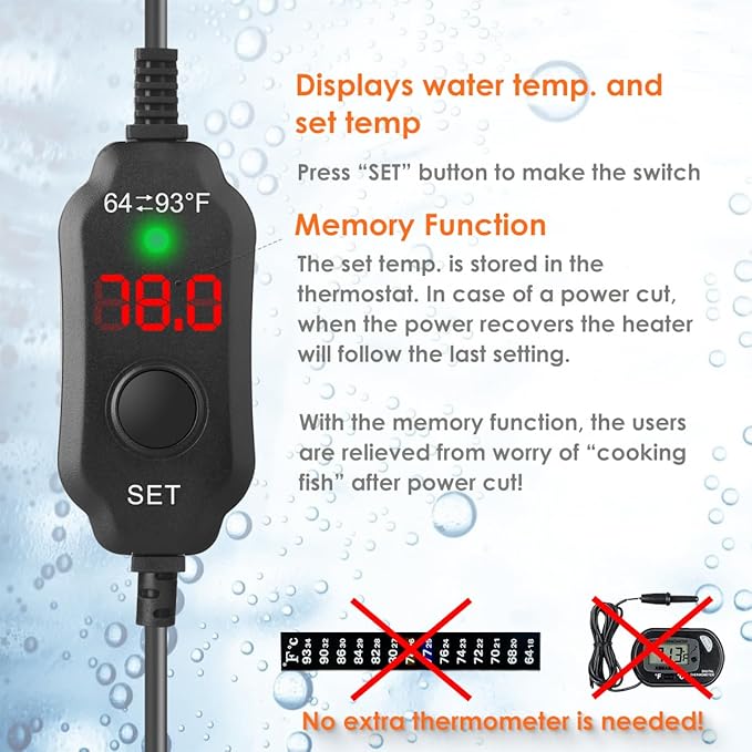 Super Compact 25W Fish Tank Heater, Submersible Aquarium Heater with LED Digital Display Thermostat, Adjustable Fish Heater for 3-5 Gallon Tanks