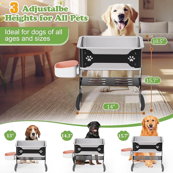 3 Gallon Elevated Large Dog Water Bowl, 3 Height Adjustable Stainless Steel Raised Dog Water Bowl Stand for Large Breed, Metal Pet Bowl Stand for Relief Joint Pressure, Easy Clean (Black)