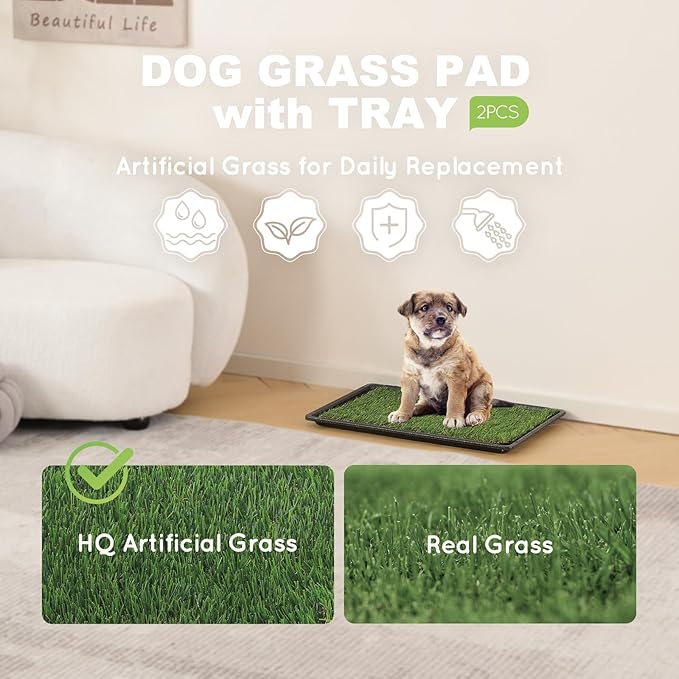 HQ4us Dog Grass Pad with Tray Small 23" x 16" Dog Litter Box Toilet for Puppy (No Grate) with 2×Artificial Grass for Dogs with Hemmed Edge, Pee Pads for Dogs, Realistic, Less Stink, Potty for Balcony