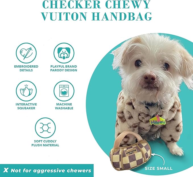 Haute Diggity Dog Checker Chewy Vuiton Handbag, Plush Designer Dog Toys with Interactive Squeaker, Stimulating Pet Enrichment, Machine-Washable & Safe Materials for All Breeds, Size Small