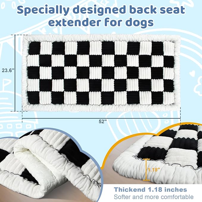 Backseat Dog Bed Mat for Car: 23.6" x 52" Non-Slip Dog Bed for Back Seat - Soft and Comfortable Dogs Blanket - Washable Travel Pet Mat Seat Protector Fit for Back Seat Cover, Grid