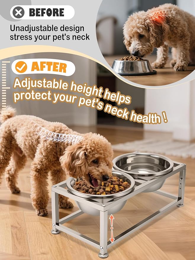 49OZ Full Metal Raised Dog Bowls for Small Dogs - 3 Height Adjustable (6.3'', 7", 7.7") Food Water Bowl, Stainless Steel Elevated Dog Bowl Feeder Station for Relief Joint Pressure