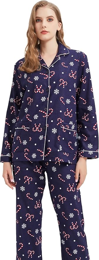 GLOBAL Flannel Pajamas for Women 2-Piece Comfy and Cozy Flannel Pj Set Cotton Loungwear