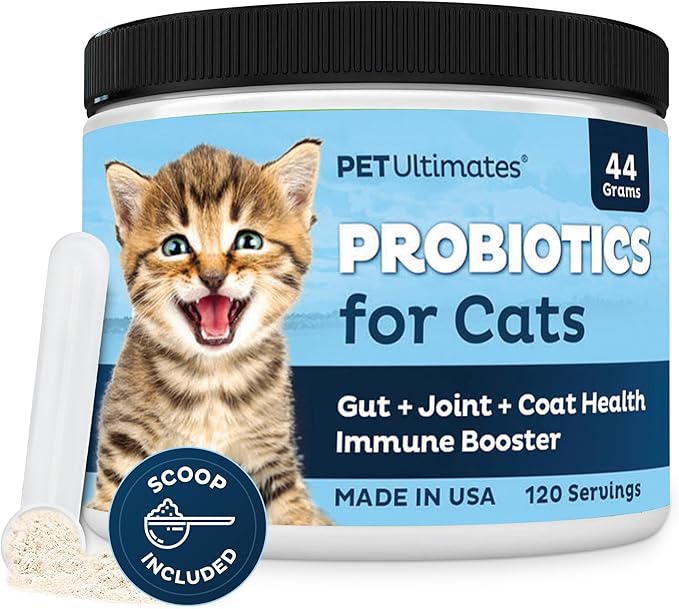 Pet Ultimates Probiotics for Cats – 20-Species Cat Probiotic Powder to Treat Diarrhea, Vomiting, Digestive Support & Cat Antibiotics Recovery – Cat Health Supplies (44 gr)