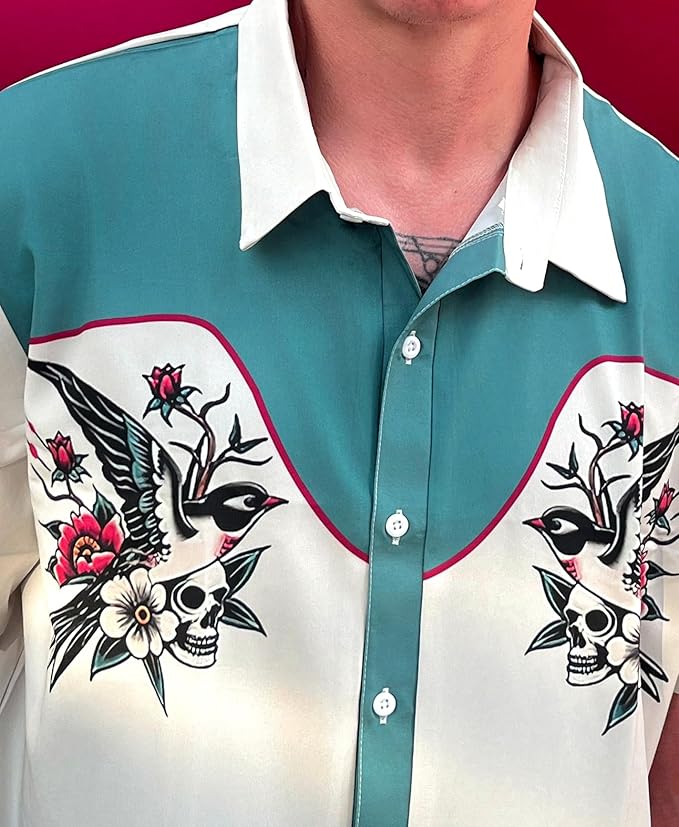 Men’s Hawaiian Shirt Western Cowboy Symmetrical Print Short Sleeve Button Down Casual Beach Holiday Summer Shirt