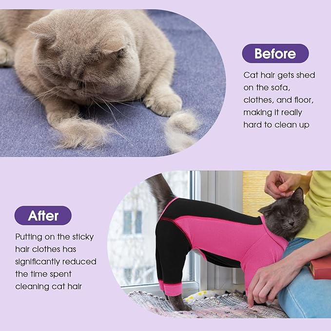 SUNFURA Hair Sticky Cat Clothes, Cat Sweater for Cats Only, 4-Legged Fleece Sweaters Kitten Pajamas Reduce Shedding Fur, Warm Pullover Shirts for Cats, Pink M