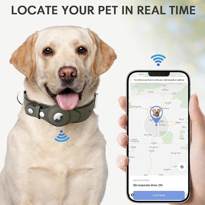 AirTag Dog Collar Soft Leather Webbing Dog Collar for AirTag Provides Double Protection for Small Medium and Large Dogs(Blue,L)