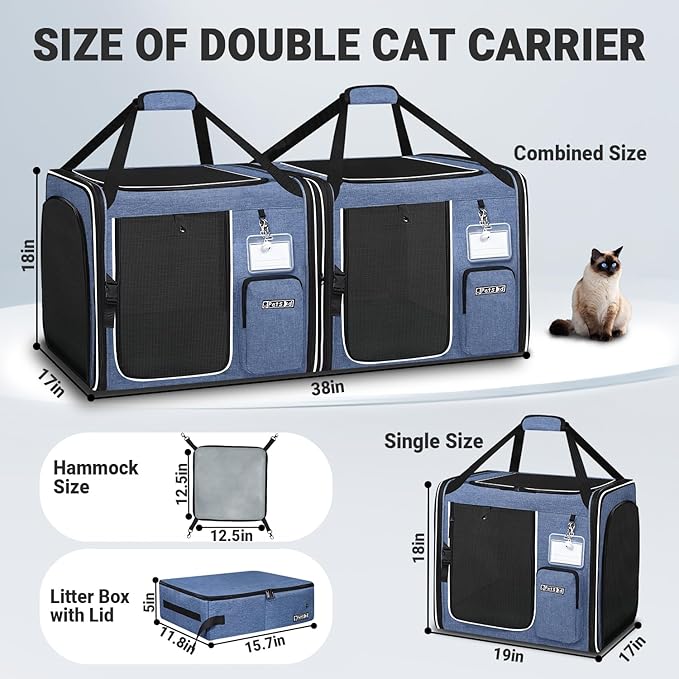 Petskd 2 in 1 Double Cat Car Travel Carrier with Litter Box, 38"x17"x18" Portable Dual Extra Large Cat Carrier for Multiple Cats with Zipper Locks for Moving Across The Country