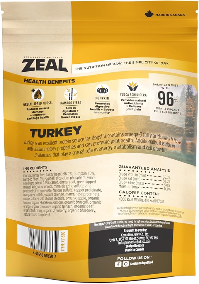 ZEAL Canada Air-Dried Turkey Recipe for Dogs - High Protein, Natural Superfoods, Nutrient Rich, No Fillers, Grain Free, Complete & Balanced (Turkey, 5 oz)