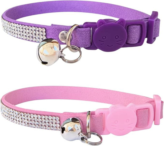 Pack of 2 Rhinestone Cat Collar Breakaway with Bell Safety Buckle, Adjustable Diamond Girl Boy Kitty Cute Comfy Collar for Kitten Tiny Little Pets Rabbits, 6"-9" Extra Small