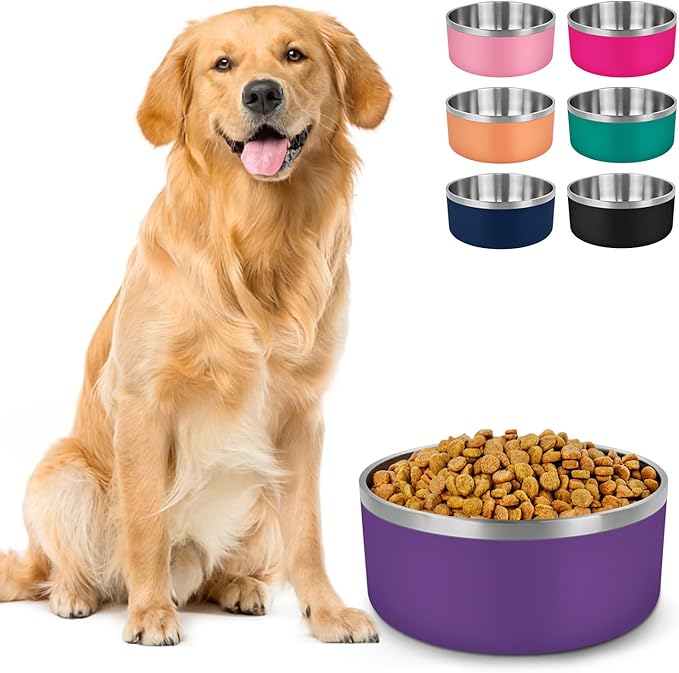 LIHONG Stainless Steel Dog Bowls for Large Dogs,Dog Food Water Bowls with Non Slip Rubber Bottom,Pet Feeding Bowl,Double Wall Insulated,Rustproof(64oz,Purple)