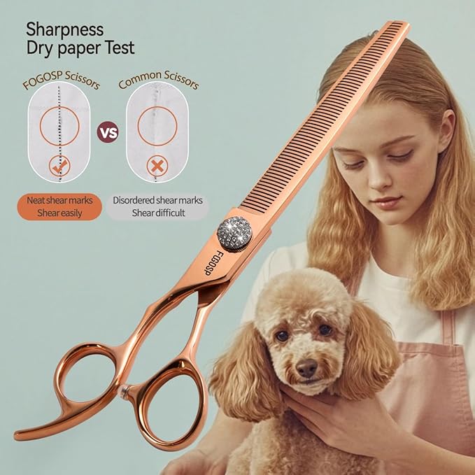 Lefty Thinning Shears for Dogs 66 Teeth 7.5'' Rose Gold Titanium Professional Blending Thinner Scissors for Dog Large Poodle Pet Japan 440C Sharp Left Handed(7.5,Thinner)