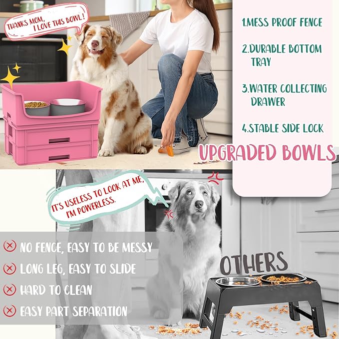 Mess Proof Dog Bowls, No Mess Food and Water Bowl, Dog Feeding Station with 2 Stainless Steel 1.25L/43oz Bowls, Spill-Proof Pet Feeder for Medium and Large