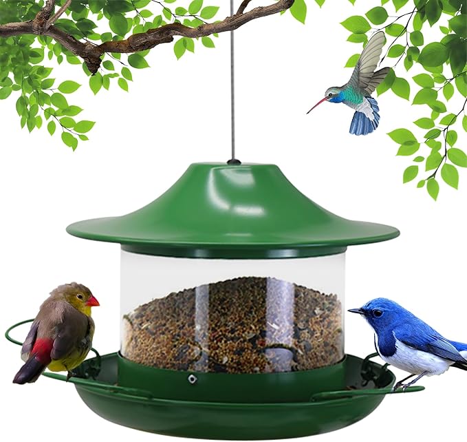 Metal Bird Feeder for Outdoors, Hanging Wild Bird Feeder with Spill-Proof Tray, All-Weather Outdoor Bird Feeder with Water-proof PVC Tube,Easy to Clean and Fill, 4.5Lb Capacity,Gifts for Outdoor Decor