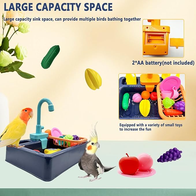 kathson Parrot Bathtub,Automatic Bird Shower Box,Multifunctional Parakeet Bathtub with Faucet,Bird Bathing Tub Pool Toy for Small Medium Birds Cockatiel Lovebird Budgie（Sapphire Blue）