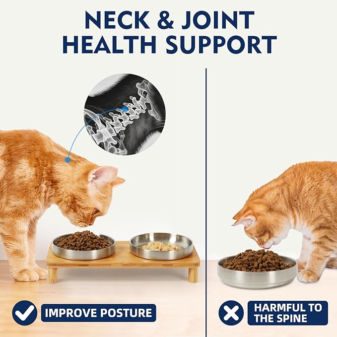 Elevated Cat Bowls for Indoor Cats – Raised Bamboo Cat Food Table with 2 Stainless Steel Dishes, Adjustable Height (4.25"/3.07"), Whisker Friendly Feeding Station