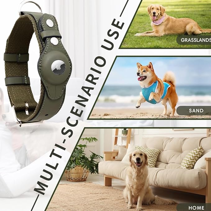 AirTag Dog Collar Soft Leather Webbing Dog Collar for AirTag Provides Double Protection for Small Medium and Large Dogs(Green,M)