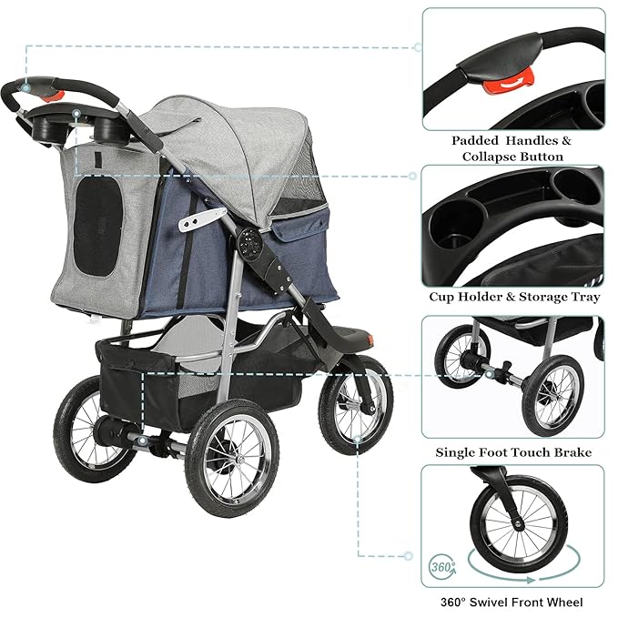 VIAGDO Premium Heavy Duty Dog Stroller for Small Medium Dogs & Cats, 3-Wheel Pet Strollers, Foldable Cat Stroller with Suspension System/Link Brake/One-Hand Fold, Max. Loading 55 LBS