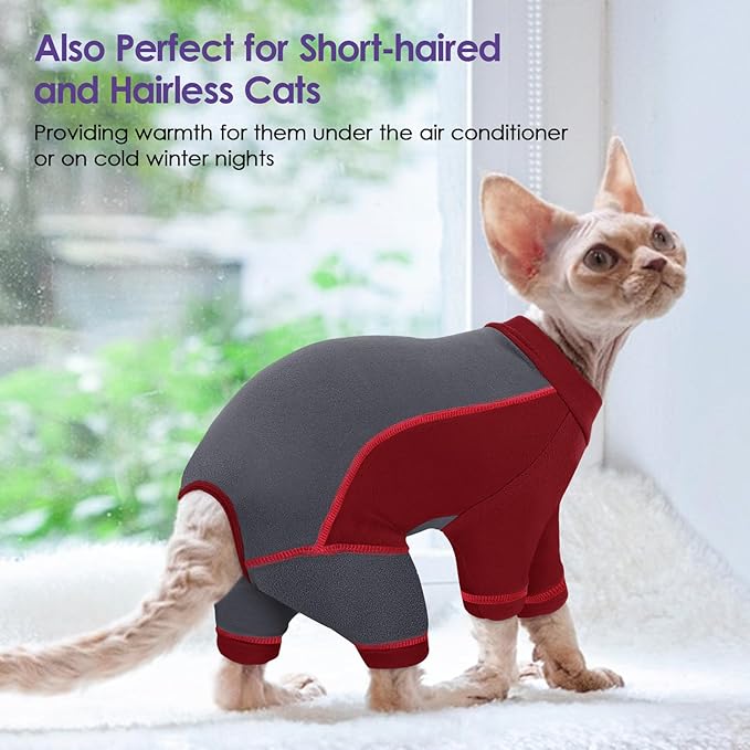 SUNFURA Hair Sticky Cat Clothes, Cat Sweater for Cats Only, 4-Legged Fleece Sweaters Kitten Pajamas Reduce Shedding Fur, Warm Pullover Shirts for Cats, Red XL