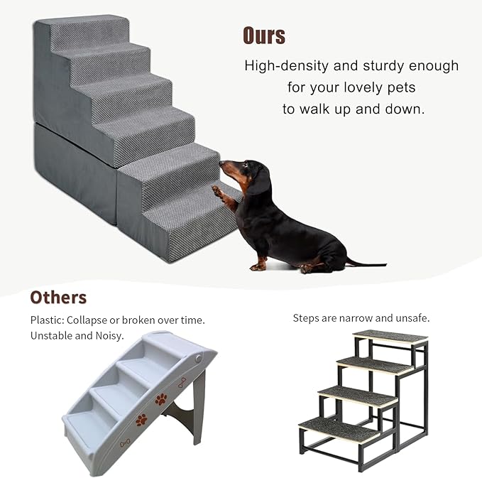 Dog Steps for High Beds 30-32" H - 6-Step Dog Stairs for Small Dogs, 33D Foam Pet Steps for High Bed with Non-Slip Bottom and Washable Cover, Dogs Ramp for Bed Indoor, Grey