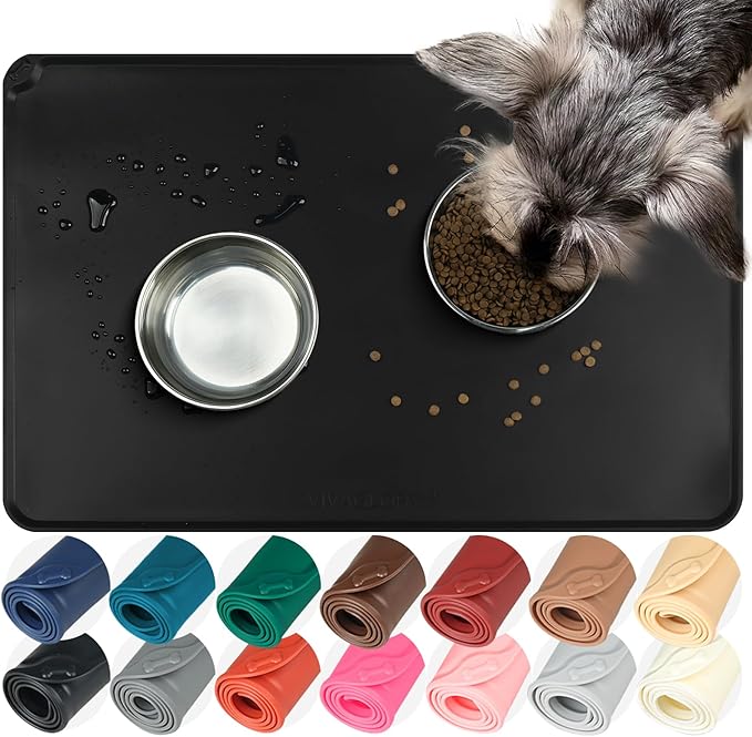 VIVAGLORY Dog Food Mat Flexmat Dog Bowl Mat, Placemat Food Tray with Raised Edges & Lip for Indoor Floor, Non Slip Waterproof Silicone Dish Placemat for Cat & Pet, S, Black