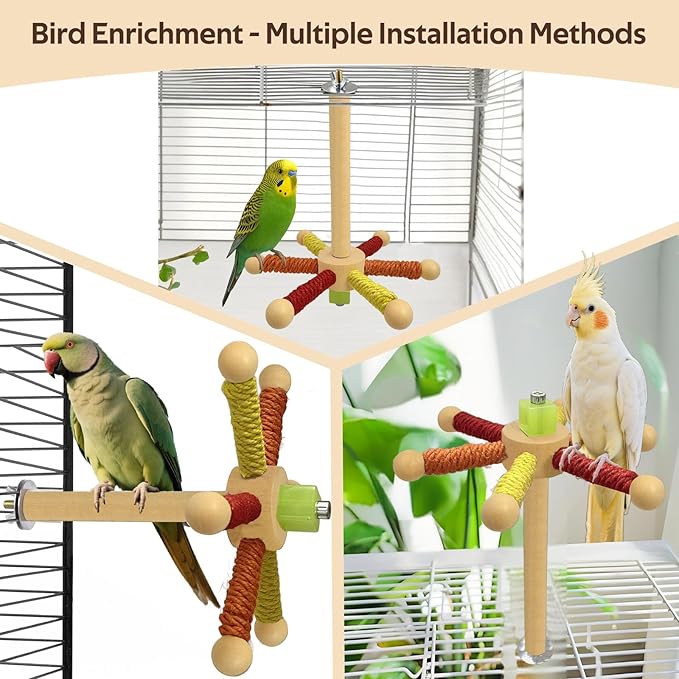 Rotating Bird Perch Toy – Fun Spinning Cage Stand for Parakeets, Budgies, Lovebird, Cockatiels, Conure, Finches & Quaker – for Small-Medium Birds to Relieve Boredom & Encourage Play (Yellow)