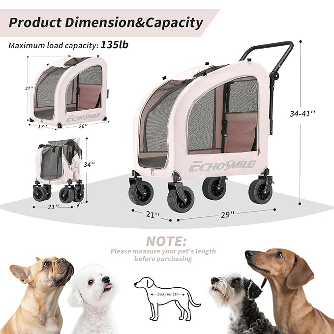 EchoSmile 4 Wheels Pet Stroller, Foldable Dog & Cat Stroller for All-Season, Lightweight Carrier with Storage Basket, Adjustable Handle, Removable Pad, Breathable Mesh, Up to 135 lbs, Pink