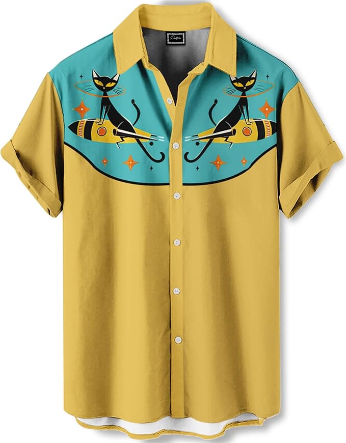 Men’s Hawaiian Shirt Western Cowboy Symmetrical Print Short Sleeve Button Down Casual Beach Holiday Summer Shirt