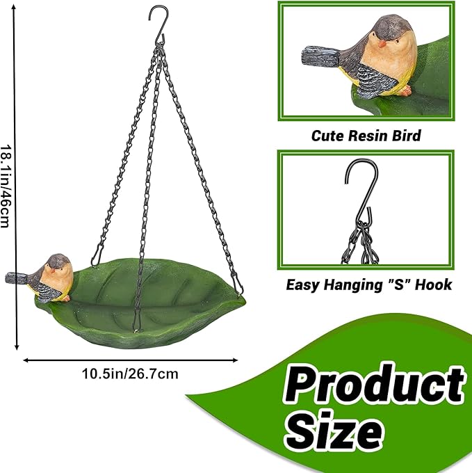 Bird Bath for Outdoor, Hanging Ground Birdbath Feeder Bowl with Bird Statue, Resin Leaves Birdfeeder Bath for Outside Garden Yard Patio Decor (Leaves)
