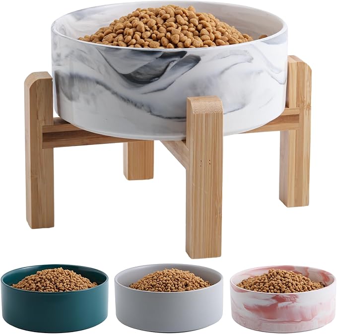Elevated/Raised Dog Bowl Ceramic for Medium Large Sized Breed,Dog Food Water Bowl with Stand,8 in 7.6 Cups Non Slip Heavy Weighted Marble Grey