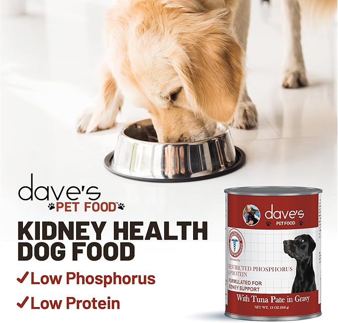 Dave's Pet Food Kidney Care Dog Food (Tuna Pate), New Recipe! Wet Renal Dog Food, Low Phosphorus, Renal Kidney Support, Vet Formulated, 13.2 oz, (12 Pack)